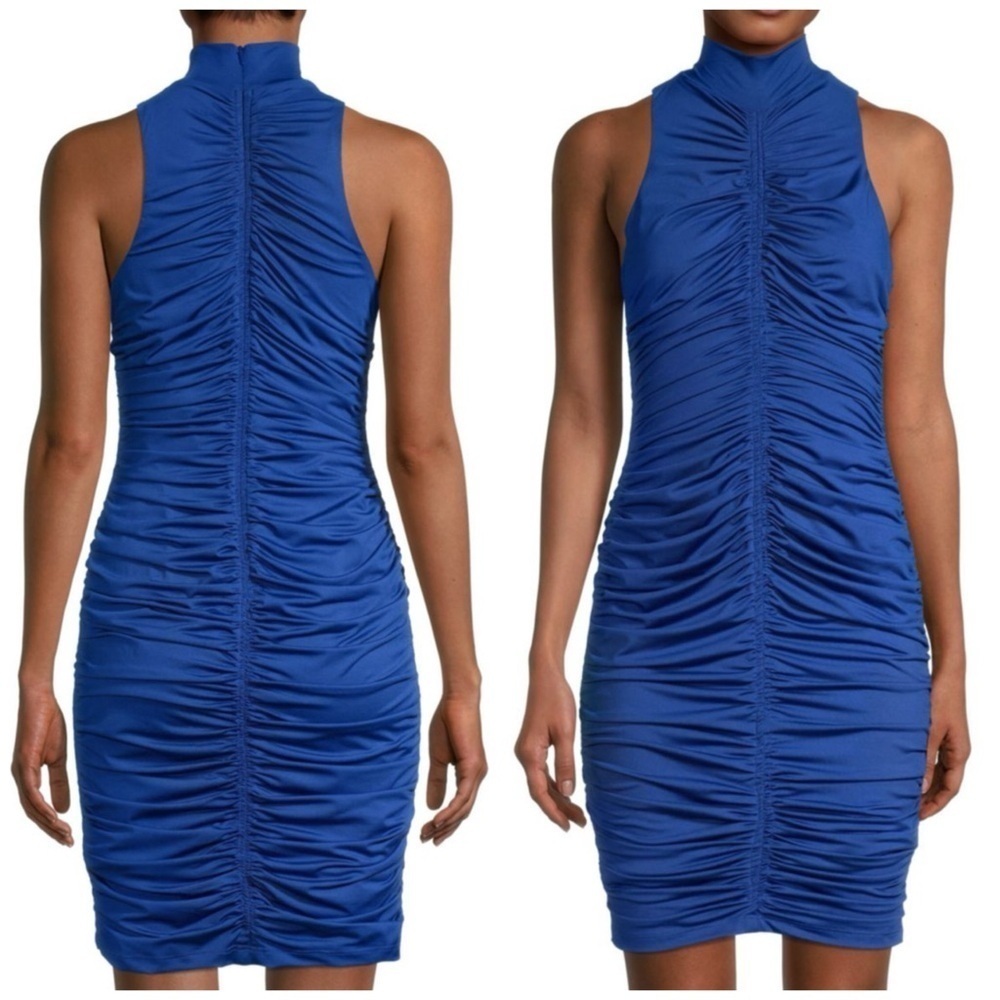 Black Halo Kobe Ruched Sheath Dress Size 10 Mock Neck Vivid Blue